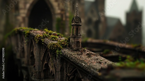 Overgrown Gothic Architecture with Moss on Stone Railings in a Misty Landscape