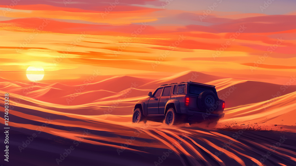 Fototapeta premium 砂漠の冒険 – 夕焼けに染まるオフロードSUV