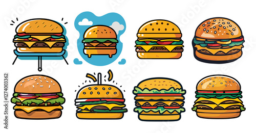 Icons sets collection of cartoon style hamburgers with various toppings like cheese, lettuce, tomatoes, and sesame seed buns on a white background