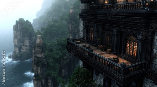 Serene coastal view of a majestic balcony overlooking cliffs and ocean waves at dawn