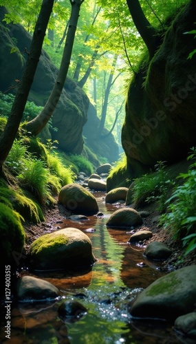 La vegetaci?n del bosque se esconde detr?s de las rocas y ramas que caen al arroyo, pelos, helecho, tierra photo