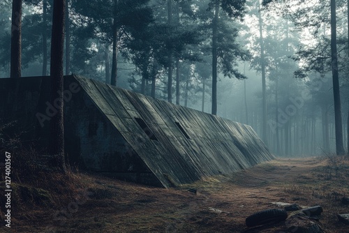 Concrete Bunker Hidden Deep Within A Misty Forest
