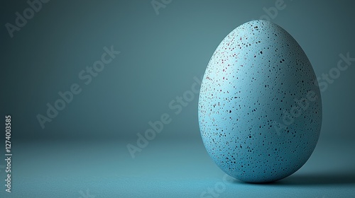 A solitary speckled blue egg resting on a smooth surface, illuminated softly with a calming background