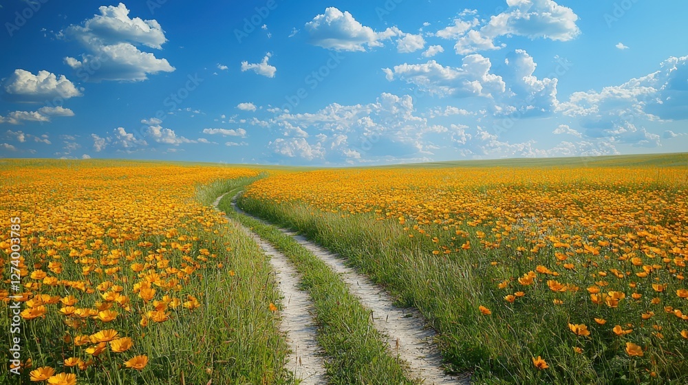 Sunny Landscape with Pathway Through Vibrant Yellow Flower Field Sunny Landscape with Pathway Through Vibrant Yellow Flower Field