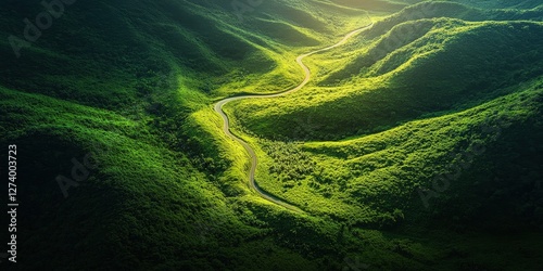 A winding road meanders through a verdant mountain range, bathed in golden sunlight from the top right, casting a warm glow over the lush landscape photo