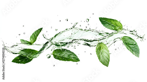 water splash with green tea or mint leaves isolated on white background. Abstract liquid wave curve fluid flow with leaf for menthol drink or mouthwash Ad banner