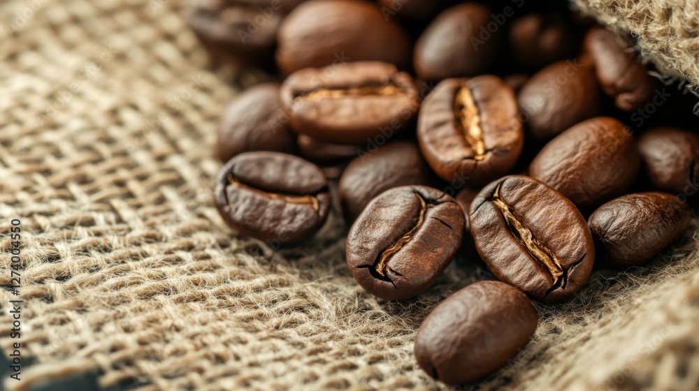 Roasted coffee beans in burlap sack. Close up view. Possible use for coffee advertisement or food blog Roasted coffee beans in burlap sack. Close up view. Possible use for coffee advertisement or food blog