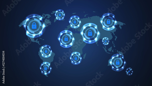 Global Cybersecurity Network: Futuristic Vector Map with Digital Locks and Padlock Icons. Vector.