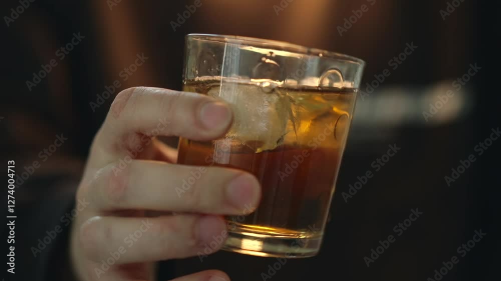 Glass of whiskey close-up.
Alcohol addiction.
A man drinks a talkgol drink with ice at a bar.
A man holds a glass of whiskey.
Whiskey with ice in a glass glass