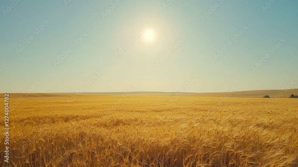 Golden Wheat Field Under Bright Clear Sky with Sunlight Golden Wheat Field Under Bright Clear Sky with Sunlight
