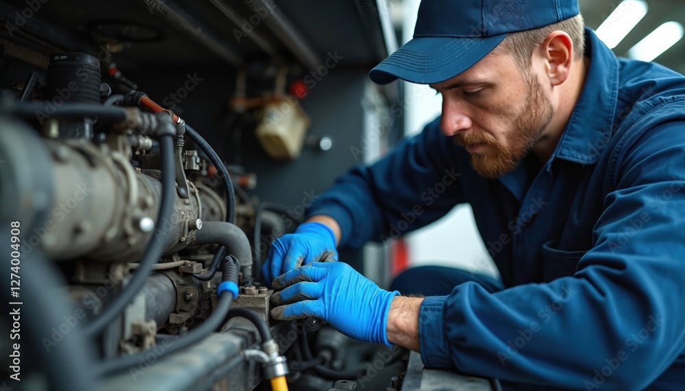 custom made wallpaper toronto digitalMechanic repairs truck engine in service station. Man in blue uniform, gloves under bonnet fixes motor. Automotive technician works, maintenance, repair, labor, skill, safety, expertise, diligence,