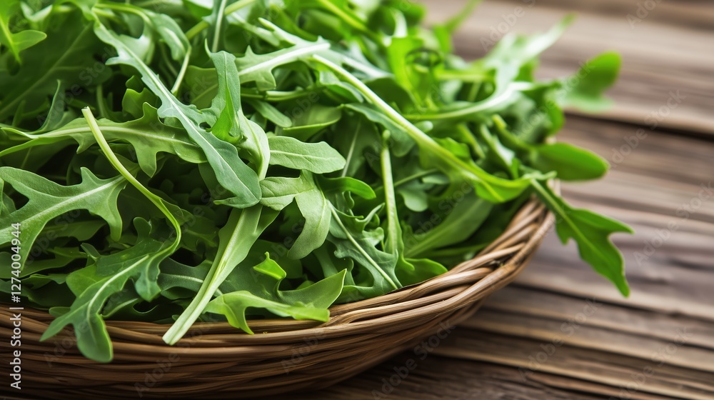 Freshly harvested arugula displayed in a woven basket on a rustic wooden table Freshly harvested arugula displayed in a woven basket on a rustic wooden table