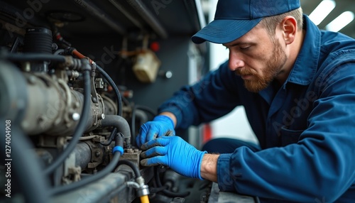 Wallpaper Mural Mechanic repairs truck engine in service station. Man in blue uniform, gloves under bonnet fixes motor. Automotive technician works, maintenance, repair, labor, skill, safety, expertise, diligence, Torontodigital.ca