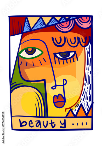 Aesthetic abstract face portrait people geometric decorative doodle hand drawn vector illustration. Artistic design art print, wall art, cards and poster.