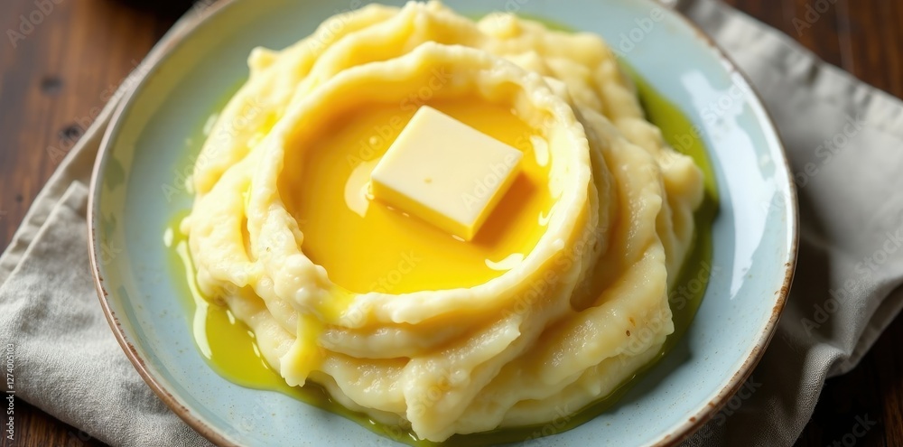 Overhead shot of a plate of mashed potatoes with melted butter drizzled on top, creamy, savory Overhead shot of a plate of mashed potatoes with melted butter drizzled on top, creamy, savory