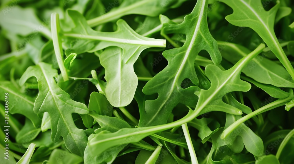 Fototapeta premium Fresh arugula leaves ready for salad preparation at a local market in the afternoon
