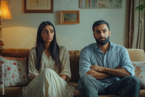 Crisis in relationships. Upset indian couple sitting on couch dont talk to each other after fight, home interior