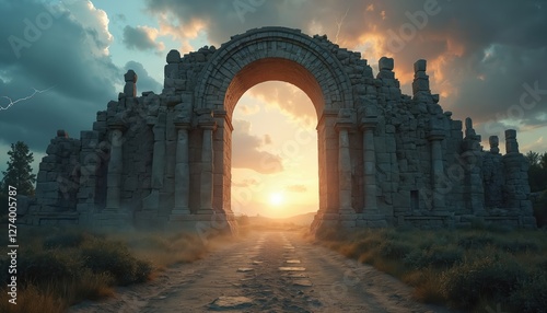 Antique arch with pillars leads to another world. Magical place with ancient runes. Natural landscape, sunset. Stone gate portal with glow. Fantasy scenery. Gothic entrance architecture.