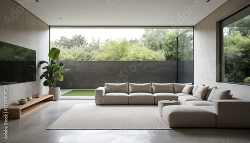 a modern living room with a couch and a television