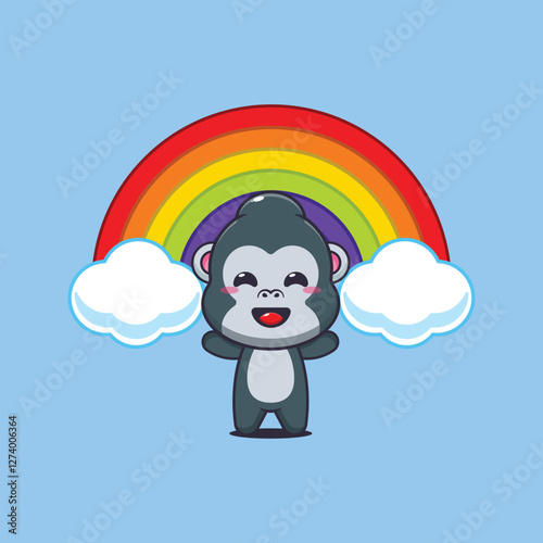 gorilla mascot cartoon character vector illustration with rainbow