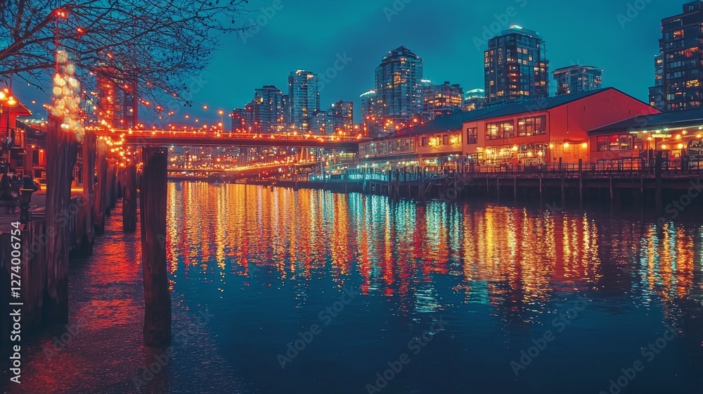 Fototapeta premium Vibrant Waterfront City Scene with Reflections at Twilight Hours