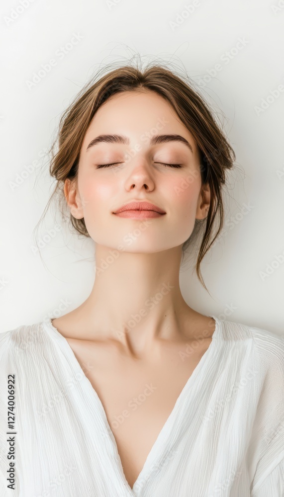 A serene woman with closed eyes, exuding calmness and natural beauty, poses against a plain background. A serene woman with closed eyes, exuding calmness and natural beauty, poses against a plain background.