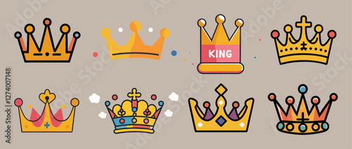 Icons sets collection of different stylized crowns in various colors and designs, arranged on a beige background, with one crown labeled King showcasing royalty and elegance