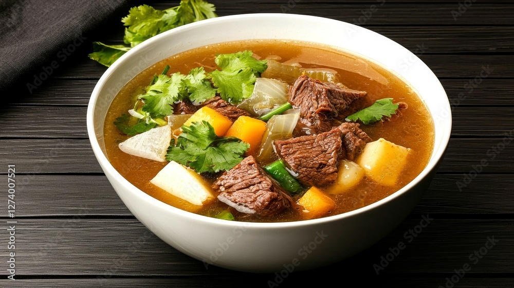 Famous Food of Mexican concept. A delicious bowl of hearty beef soup with fresh vegetables and herbs. Famous Food of Mexican concept. A delicious bowl of hearty beef soup with fresh vegetables and herbs.