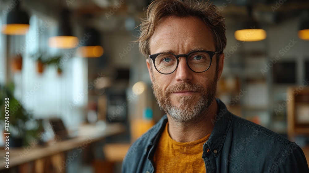 Obraz premium Portrait of a thoughtful man with glasses in a cozy cafe, surrounded by plants and warm lighting