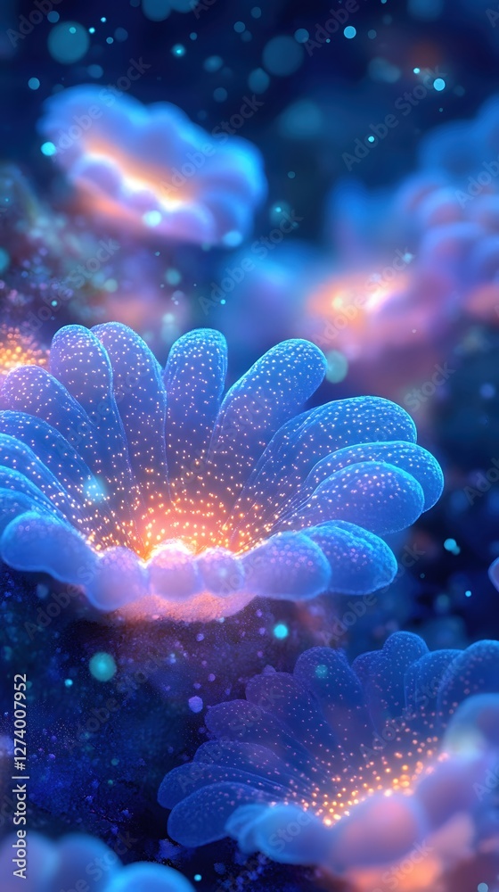 Fototapeta premium Ethereal Blue Flowers Glowing with Warm Light in a Dreamlike Underwater Garden Setting