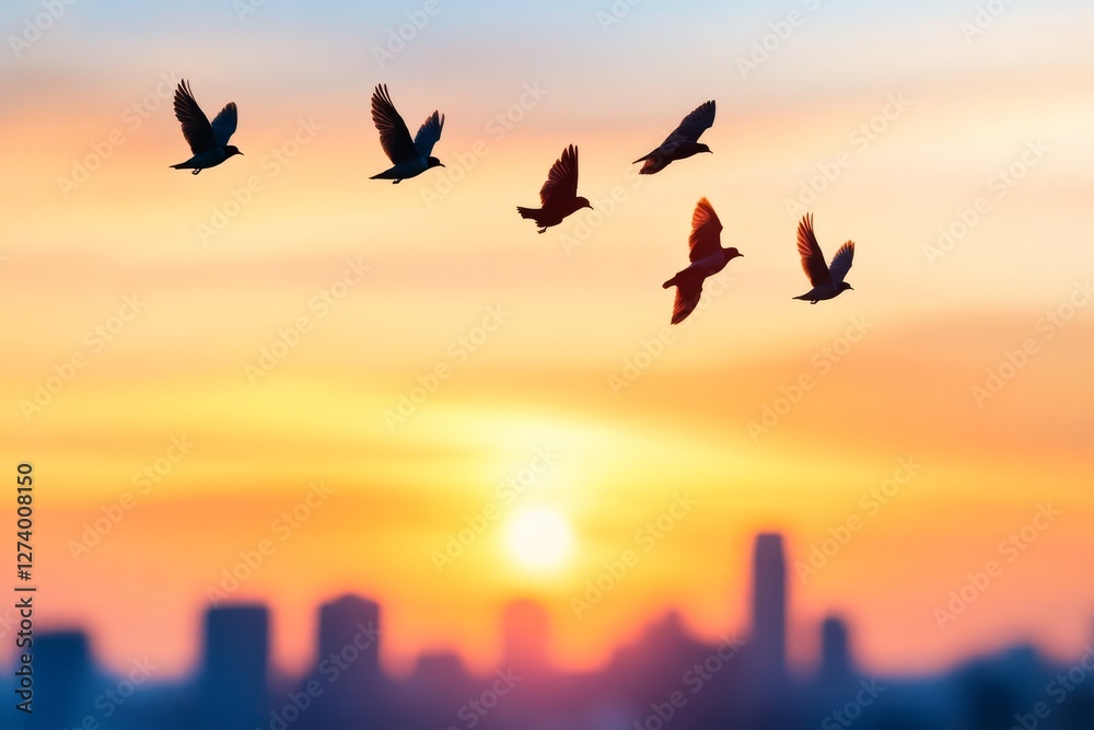 Birds in Flight at Sunset Cityscape - Silhouetted birds soar against a vibrant sunset, symbolizing freedom, hope, peace, journey, and new beginnings. City skyline in soft focus below Birds in Flight at Sunset Cityscape - Silhouetted birds soar against a vibrant sunset, symbolizing freedom, hope, peace, journey, and new beginnings. City skyline in soft focus below