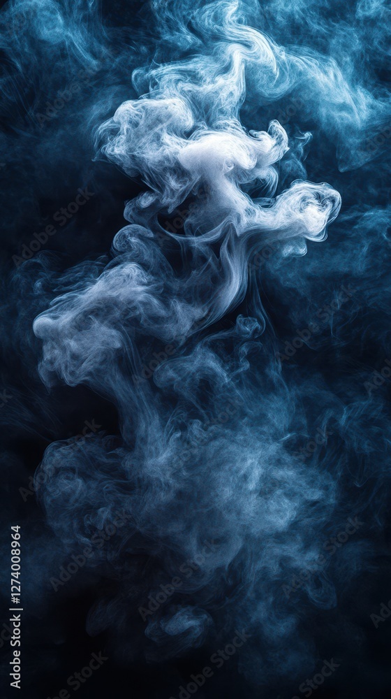 Swirling blue smoke fills the dark backdrop creating a mystical atmosphere during an artistic performance Swirling blue smoke fills the dark backdrop creating a mystical atmosphere during an artistic performance