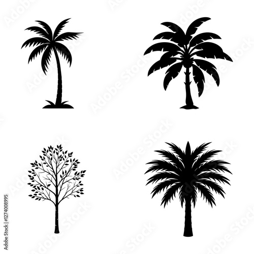 Tree Silhouette Vector Set . Seasonal Tree Icons, Coconut palm tree icon, Nature Illustration.