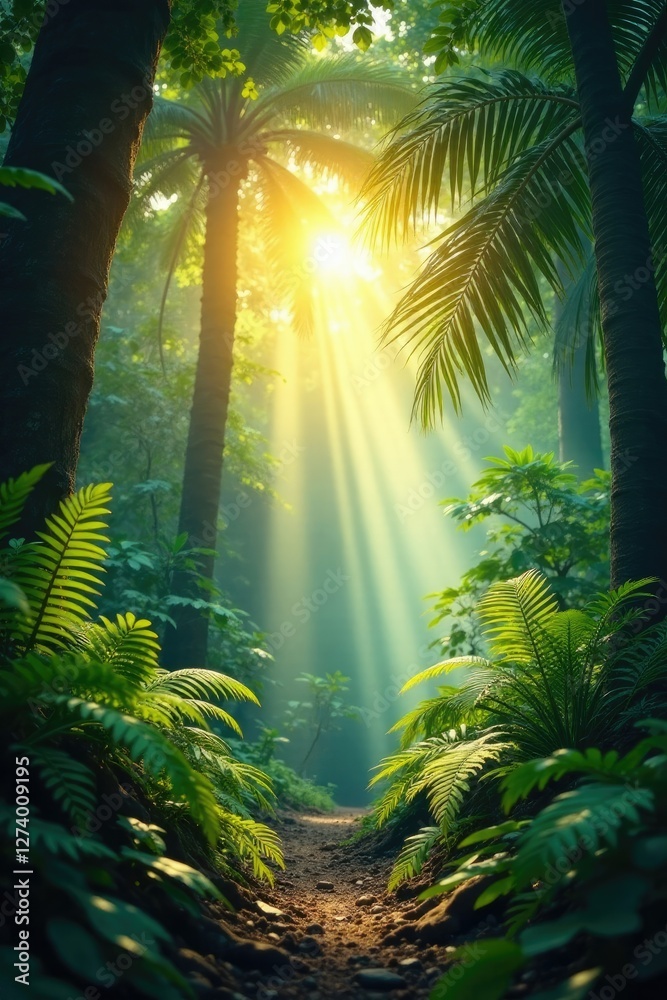 Naklejka premium Summer sun shining through jungle foliage with ferns and palms, tree branches, sunlight filtering, tropical background