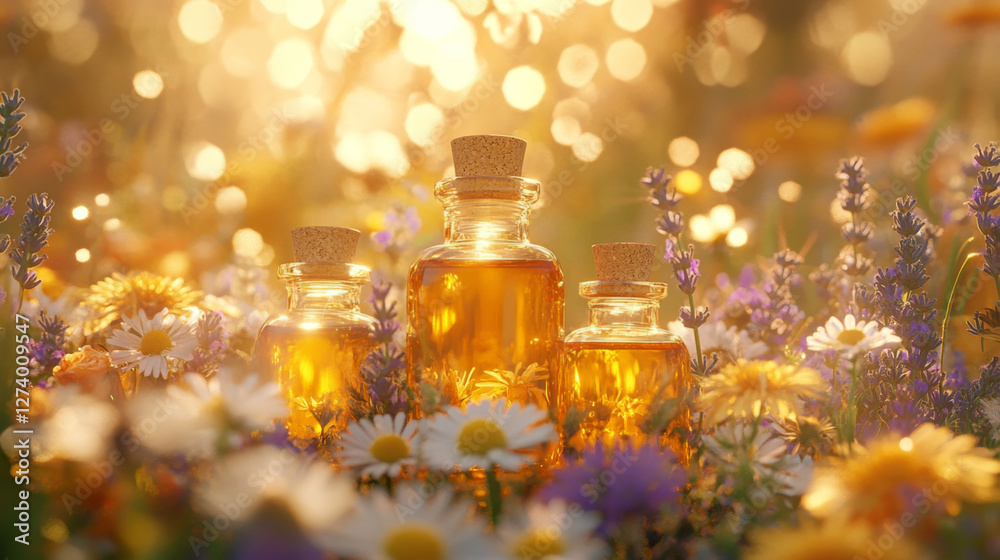Aromatherapy Oil Bottles in a Sunlit Wildflower Meadow Aromatherapy Oil Bottles in a Sunlit Wildflower Meadow