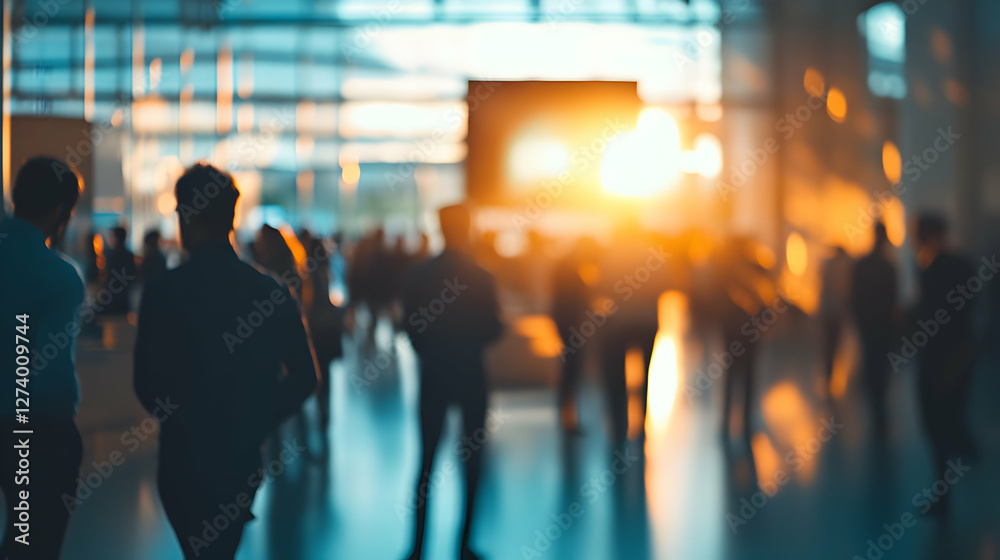Blurred motion image of Business people walking at busy convention center during sunset Blurred motion image of Business people walking at busy convention center during sunset