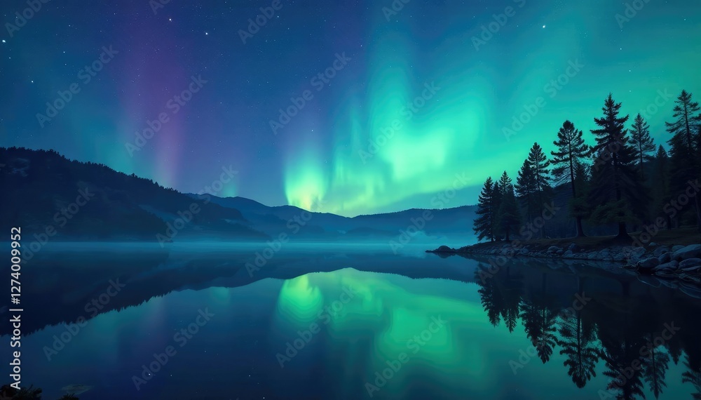 Trees reflected in the lake's calm surface under starry night sky with aurora borealis, still life, serene Trees reflected in the lake's calm surface under starry night sky with aurora borealis, still life, serene