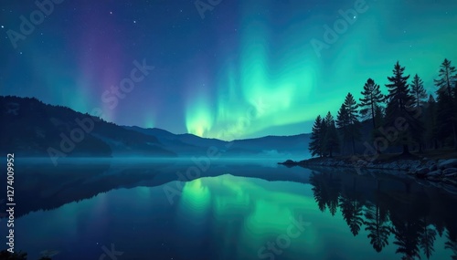 Trees reflected in the lake's calm surface under starry night sky with aurora borealis, still life, serene