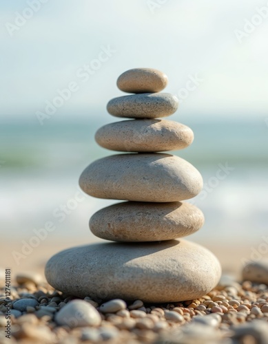 Stacked stones tower on sea beach. Balance, harmony in nature. Zen art of stones, pebbles on sand. Calmness, peace, mindfulness, serene equilibrium. Spiritual composition for relaxation, inner peace,