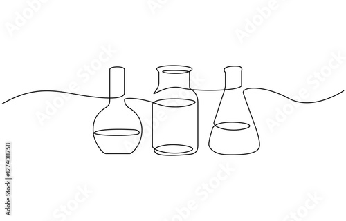 One continuous line drawing of Erlenmeyer flask. Single line of Erlenmeyer flask vector illustration, Test flask one continuous line illustration. Hand drawn doodle sketch of medical.