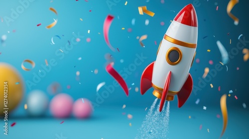 Galaxy outer space party. Colorful rocket launching amid festive confetti and balloons on a vibrant blue background.