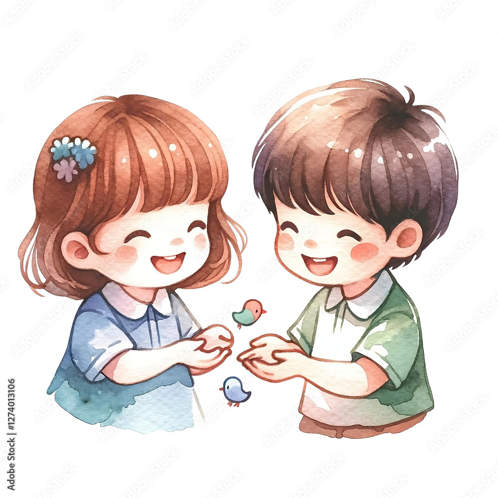 A heartwarming watercolor painting of a cheerful boy and girl playing together, surrounded by gentle pastel hues. A heartwarming watercolor painting of a cheerful boy and girl playing together, surrounded by gentle pastel hues.