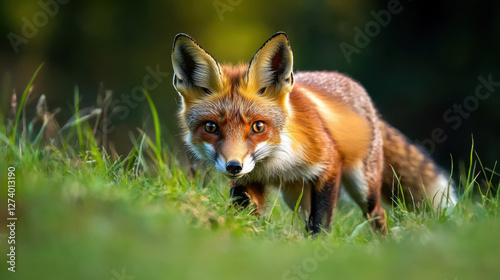 cunning fox stealthily observing its surroundings in grassy field, showcasing its vibrant fur and keen expression photo