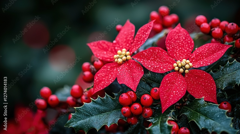 Vibrant Poinsettia Flowers with Raindrops for Holiday Decor Vibrant Poinsettia Flowers with Raindrops for Holiday Decor