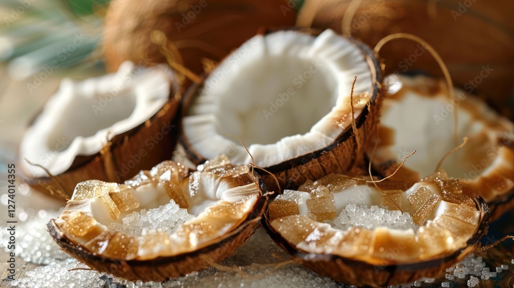 Sliced coconuts with sweetened coconut flesh and sugar, showcasing tropical flavors. Sliced coconuts with sweetened coconut flesh and sugar, showcasing tropical flavors.