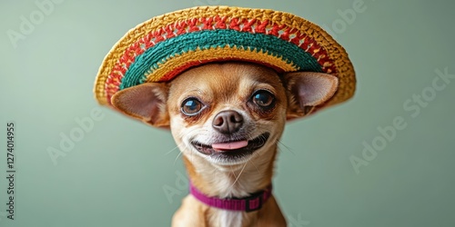 Cute Chihuahua wearing a colorful sombrero against a green background with a playful expression