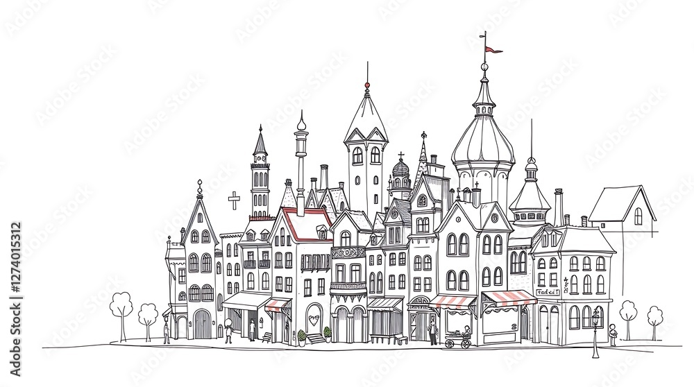 Fototapeta premium Adorable Hand-Drawn Sketch of a Charming City with Cute Buildings, Streets, and Playful Urban Details