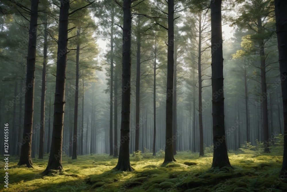 Obraz premium trees in a forest with a sunbeaming light shining through the trees