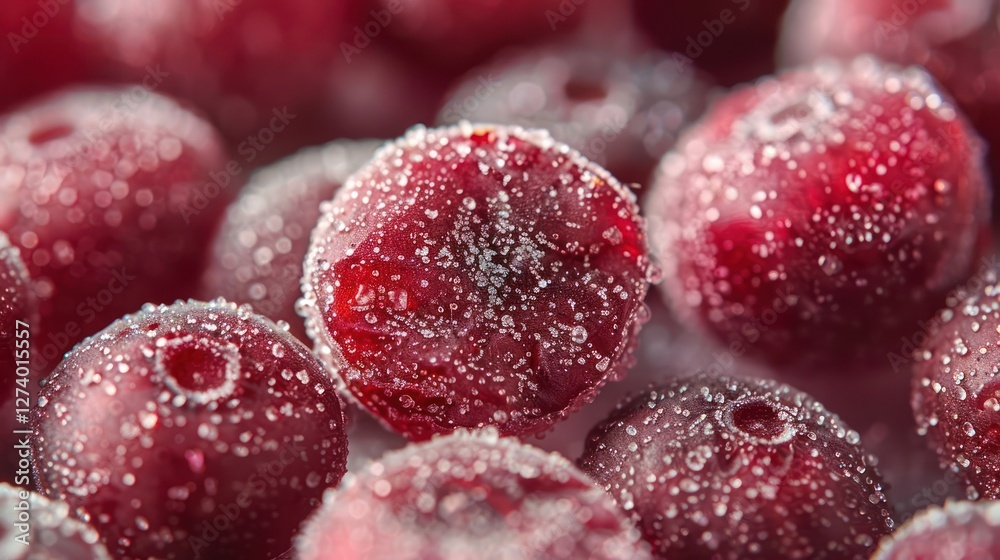 A close-up of frozen red berries coated in sugar, showcasing their texture and color. A close-up of frozen red berries coated in sugar, showcasing their texture and color.