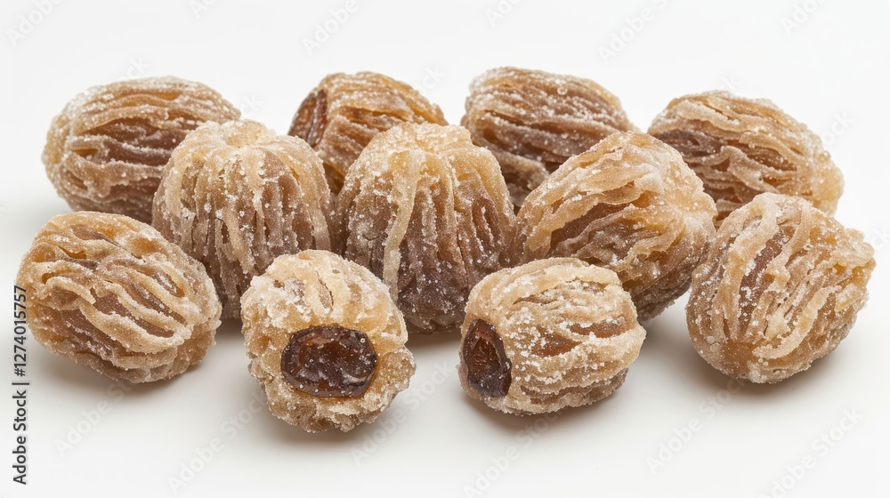 A cluster of dried, sugar-coated fruit resembling small, wrinkled candies. A cluster of dried, sugar-coated fruit resembling small, wrinkled candies.